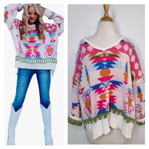 Mainstrip Womens Southwest Geometric V Neck Sweater Size S Pink White Western‎